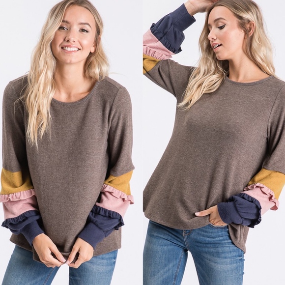 Tops - KIMMIE Ruffle sleeve detail Long sleeve top - BROW